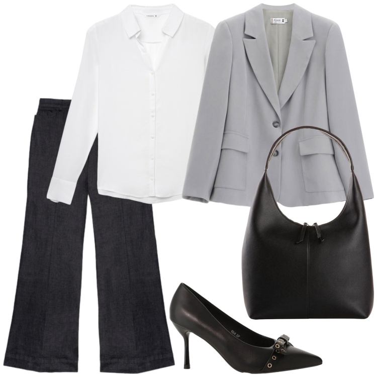 Outfit donna - Total look #2338994. Stile Casual chic per Ufficio. Abbinamento con shopping bag, camicie, décolleté, jeans dritti, blazer.