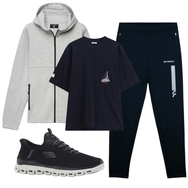 Outfit uomo - Total look #2338997. Stile Casual per Sport. Abbinamento con sneakers, t-shirt, felpe con cappuccio, pantaloni.