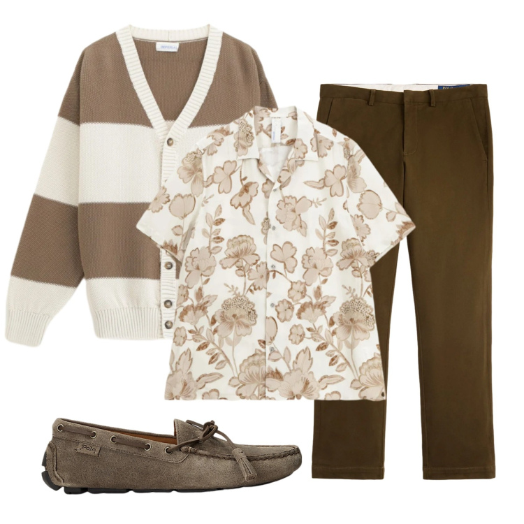 Outfit uomo - Total look #2338998. Stile Trendy per Tutti i giorni. Abbinamento con cardigans, camicie a manica corta, scarpe stringate, pantaloni chino.