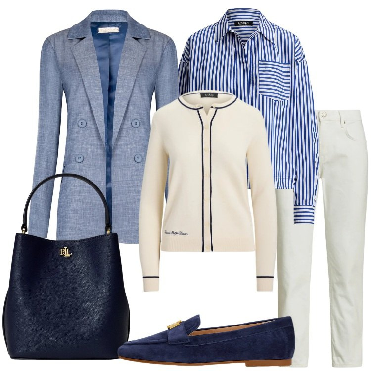 Outfit donna - Jeans bianco in ufficio @laurafo. Stile Bon Ton per Ufficio. Abbinamento con blazer, borse a secchiello, mocassini, camicie, cardigans, jeans.