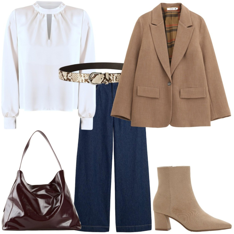 Outfit donna - denim blu. Stile Casual chic per Ufficio. Abbinamento con shopping bag, stivaletti, jeans dritti, cinture, blazer, bluse.