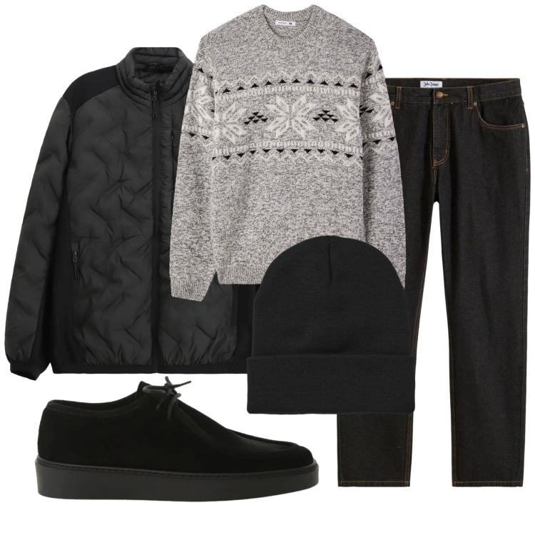 Outfit uomo - Total look #2339003. Stile Casual per Ufficio. Abbinamento con jeans dritti, giacche, scarpe stringate, berretti, maglieria.