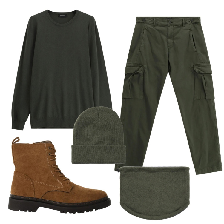 Outfit uomo - Total look #2339004. Stile Casual per Tutti i giorni. Abbinamento con pantaloni cargo, maglieria, anfibi, berretti, scaldacollo.