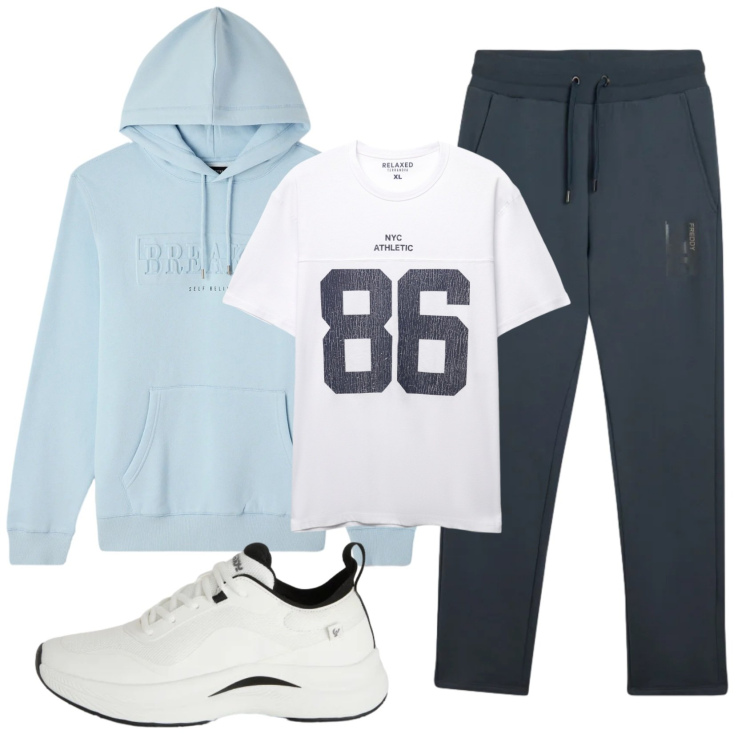 Outfit uomo - Total look #2339005. Stile Casual per Sport. Abbinamento con felpe con cappuccio, t-shirt sportive, sneakers, pantaloni.