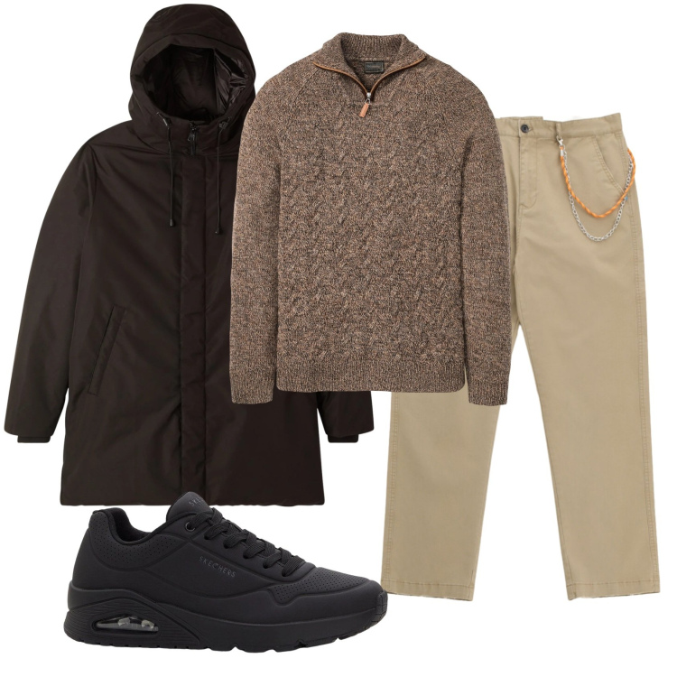 Outfit uomo - Come fare senza scarpe???. Stile Casual per Tutti i giorni. Abbinamento con maglieria, sneakers, pantaloni, parka.