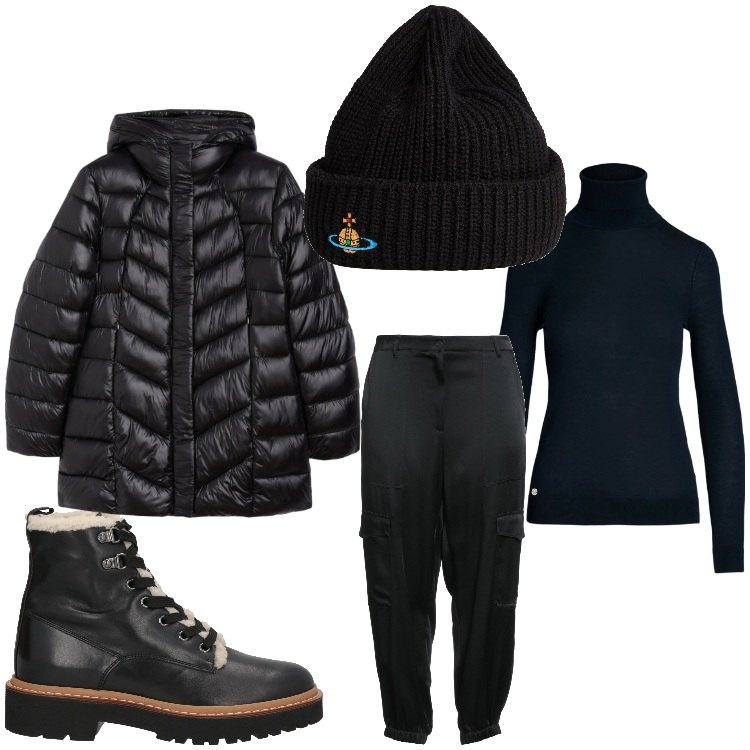 Outfit donna - Montagna in nero. Stile Casual per Tutti i giorni. Abbinamento con stivaletti, pantaloni cargo, cappelli, piumini, maglieria.