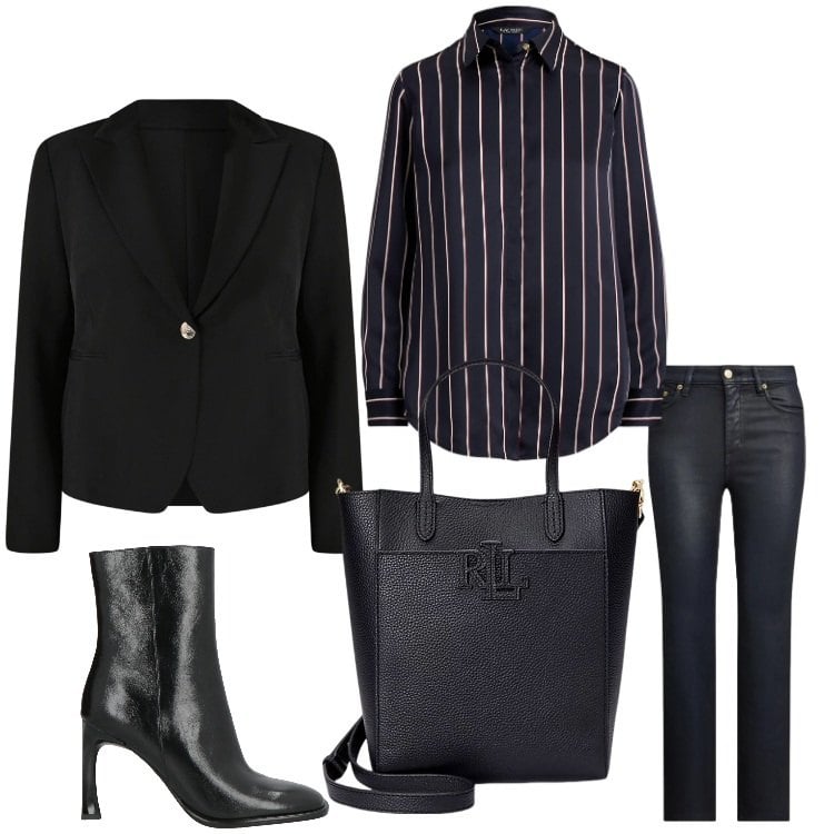 Outfit donna - Jeans in ufficio. Stile Chic per Ufficio. Abbinamento con stivaletti, blazer, borse tote, jeans dritti, camicie.