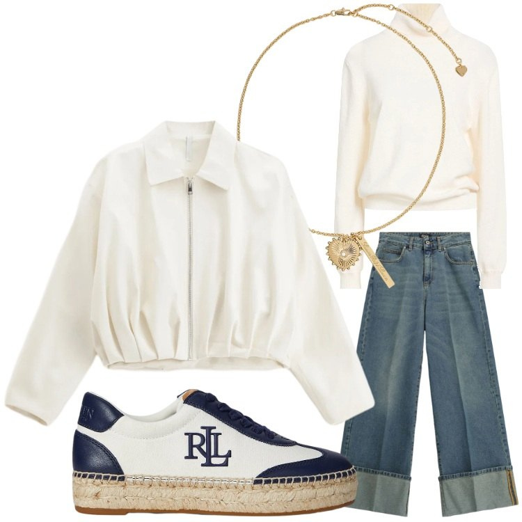 Outfit donna - Sporty chic in ufficio. Stile Sporty chic per Ufficio. Abbinamento con maglieria, bomber, jeans, sneakers, ciondoli.