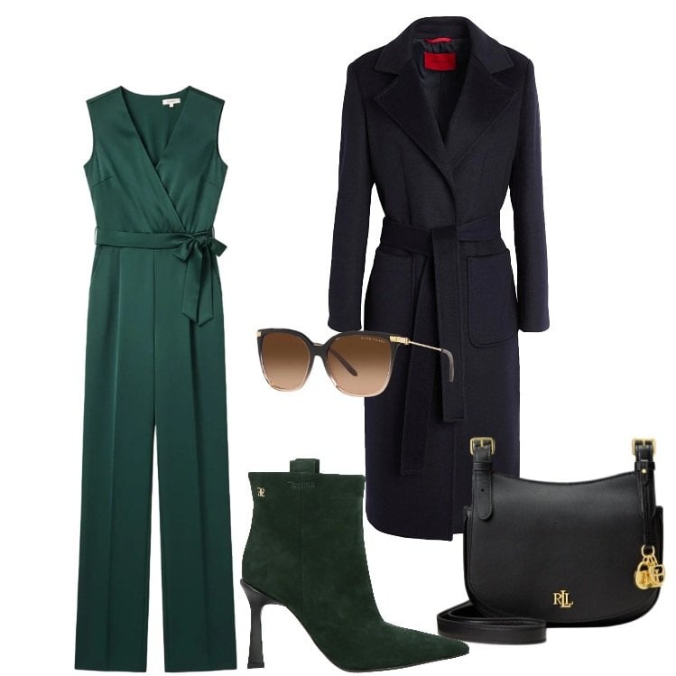 Outfit donna - Abbinamento monocromatico. Stile Chic per Serata fuori. Abbinamento con stivaletti, cappotti, tute, occhiali da sole, borse a tracolla.