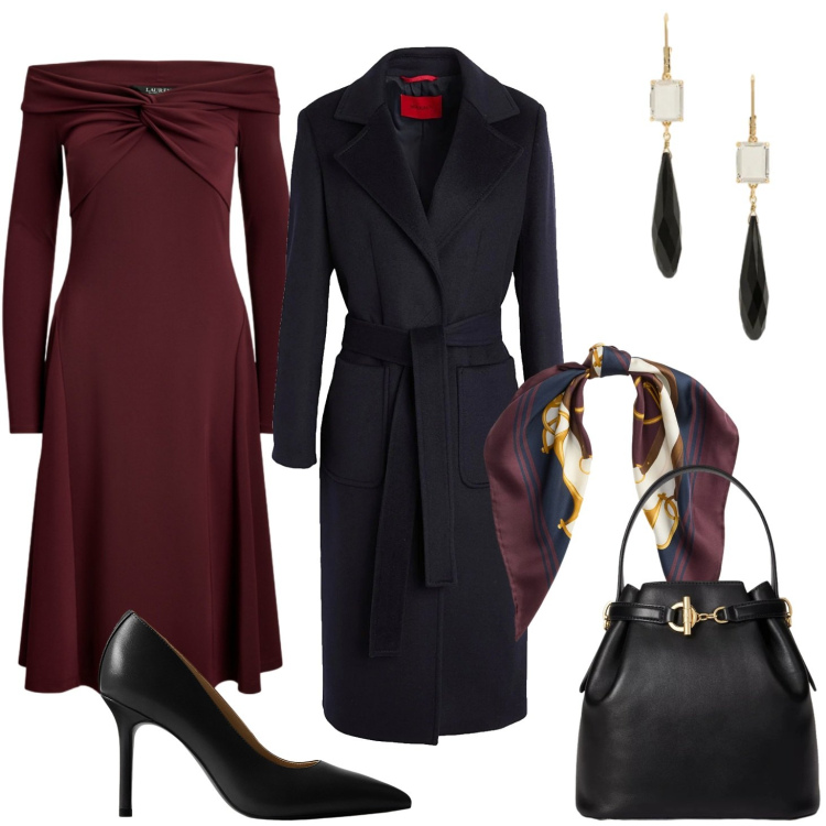 Outfit donna - Stile ed eleganza Curvy. Stile Bon Ton per Serata fuori. Abbinamento con cappotti, décolleté, borse a secchiello, vestiti, orecchini, foulard.