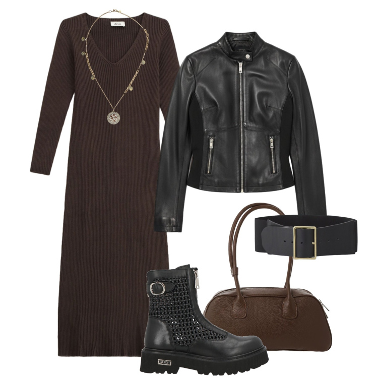 Outfit donna - Abito in maglia e biker. Stile Trendy per Tutti i giorni. Abbinamento con stivaletti, cinture, borse a mano, vestiti midi/longuette, ciondoli, giacche.