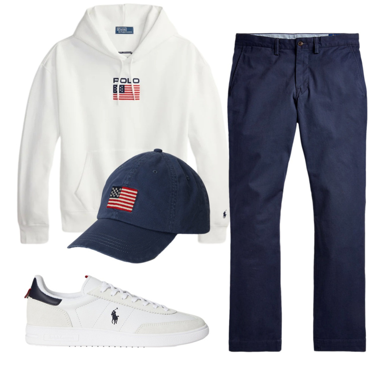 Outfit uomo - Total look #2339028. Stile Casual per Tutti i giorni. Abbinamento con pantaloni, felpe con cappuccio, sneakers, cappelli con visiera.