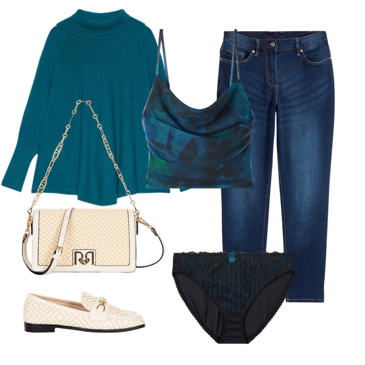 Outfit donna - Blue love. Stile Basic per Tutti i giorni. Abbinamento con jeans boyfriend, culotte, cappotti, canottiere, mocassini, borse a tracolla.