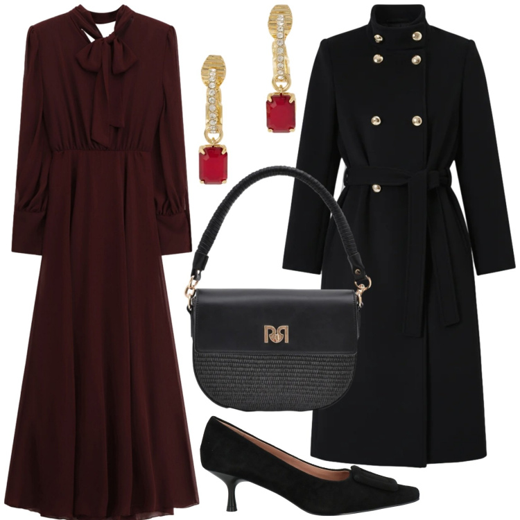 Outfit donna - Total look #2339030. Stile Romantica per Serata fuori. Abbinamento con décolleté, vestiti lunghi, cappotti, borse a spalla, orecchini.