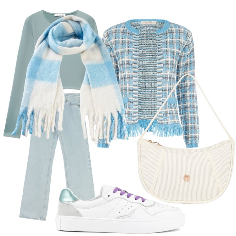 Outfit donna - Celeste. Stile Basic per Tutti i giorni. Abbinamento con sciarpe, t-shirt, borse a mano, jeans dritti, blazer, sneakers.