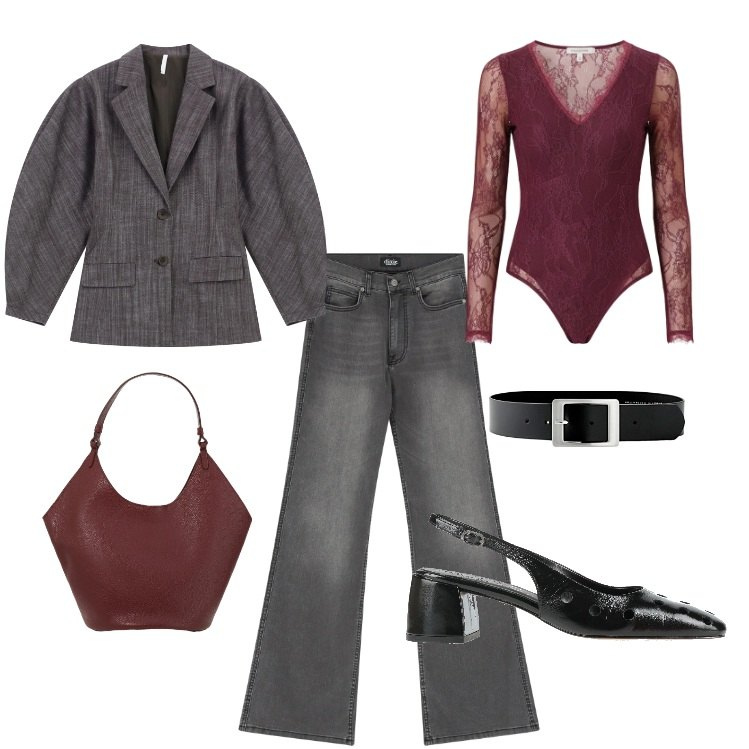 Outfit donna - Jeans in ufficio. Stile Glamour per Ufficio. Abbinamento con décolleté, cinture, blazer, borse a spalla, jeans a zampa, bluse.