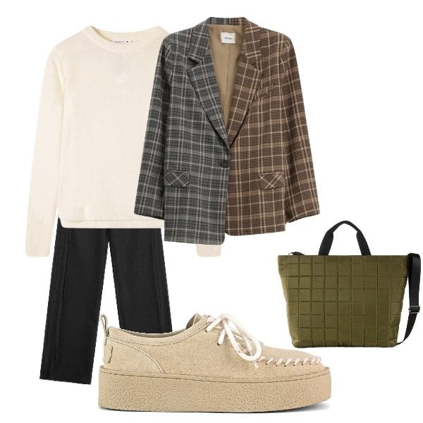 Outfit donna - Così. Stile Urban per Tutti i giorni. Abbinamento con shopping bag, jeans, blazer, maglieria, mocassini.