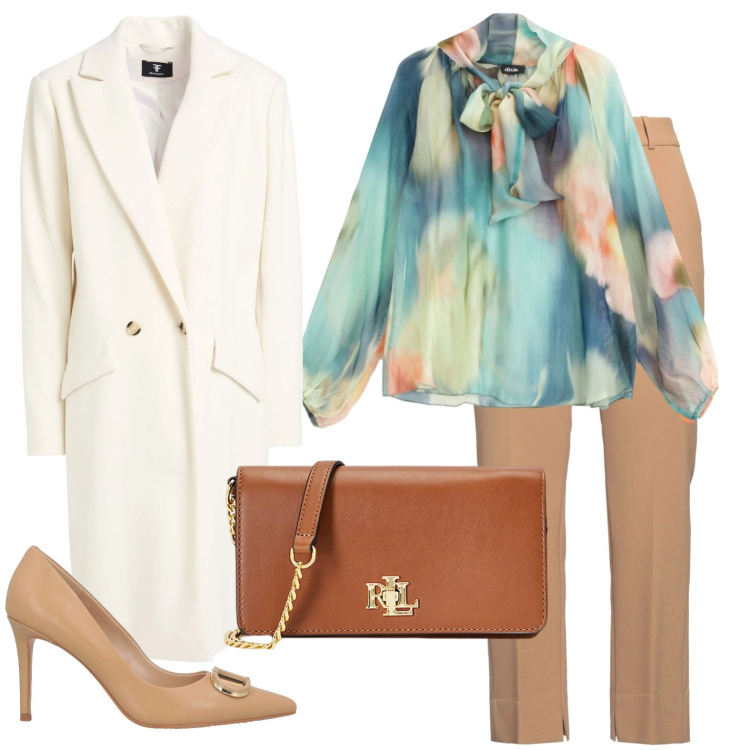 Outfit donna - Pranzo elegante. Stile Bon Ton per Tutti i giorni. Abbinamento con cappotti, décolleté, pantaloni, bluse, borse a mano.