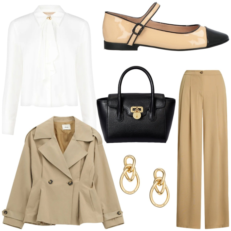 Outfit donna - Bianco e beige minimal e sofisticato. Stile Chic per Tutti i giorni. Abbinamento con ballerine, blazer, camicie, borse a mano, pantaloni, orecchini.