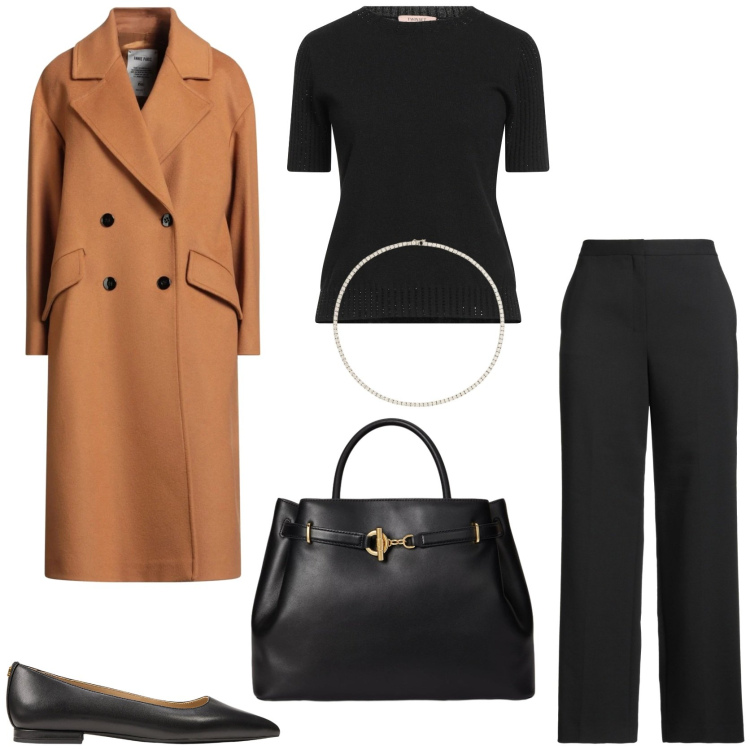 Outfit donna - Nero e cammello combo elegante. Stile Chic per Tutti i giorni. Abbinamento con pullovers, pantaloni, cappotti, ballerine, borse a mano, collane.