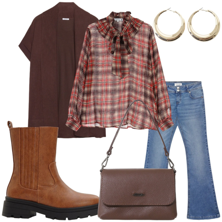 Outfit donna - A casa di amici. Stile Casual per Tutti i giorni. Abbinamento con stivaletti chelsea, cardigans, jeans a zampa, bluse, borse a tracolla, orecchini.