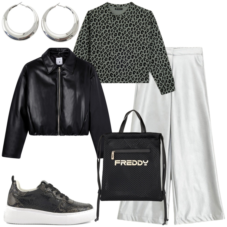 Outfit donna - Total look #2339048. Stile Sporty chic per Tutti i giorni. Abbinamento con giacche, pantaloni a palazzo, orecchini, felpe, zaini, sneakers.