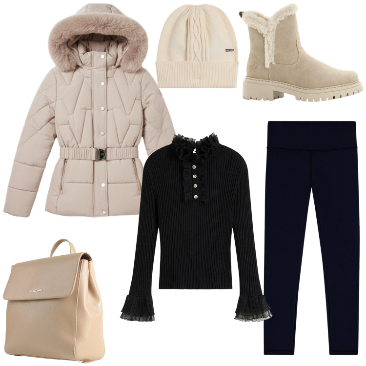 Outfit donna - Cozy Winter fashion. Stile Sporty chic per Tutti i giorni. Abbinamento con zaini, maglieria, stivaletti, leggings, berretti, piumini.