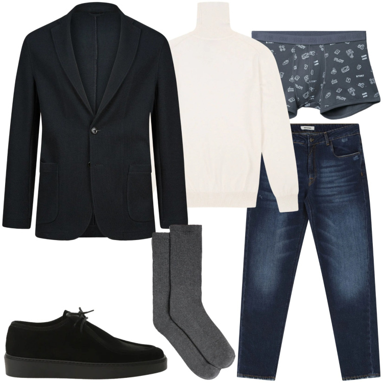 Outfit uomo - Total look #2339051. Stile Casual per Ufficio. Abbinamento con jeans dritti, scarpe stringate, boxer, calzini, giacche, maglieria.