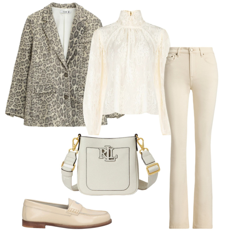 Outfit donna - Toni chiari. Stile Trendy per Ufficio. Abbinamento con mocassini, blazer, bluse, jeans bootcut, borse a tracolla.