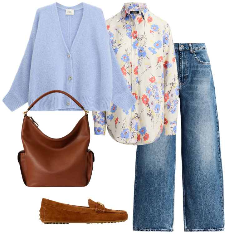 Outfit donna - Colori primaverili. Stile Bon Ton per Tutti i giorni. Abbinamento con cardigans, jeans, mocassini, camicie, borse a spalla.