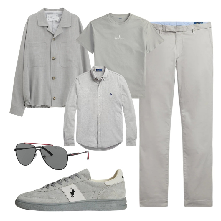 Outfit uomo - Monocromatico color ghiaccio. Stile Urban per Tutti i giorni. Abbinamento con cappotti, camicie, pantaloni, t-shirt, sneakers, occhiali da sole.
