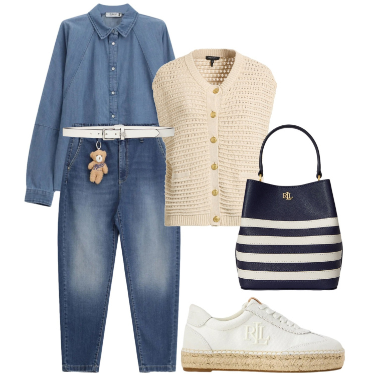 Outfit donna - Spunti primaverili. Stile Casual chic per Tutti i giorni. Abbinamento con cardigans, jeans, camicie, sneakers, cinture, borse a secchiello.