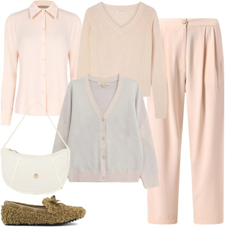 Outfit donna - Capi essenziali e raffinati. Stile Casual chic per Tutti i giorni. Abbinamento con maglieria, borse a mano, cardigans, camicie, pantaloni, mocassini.