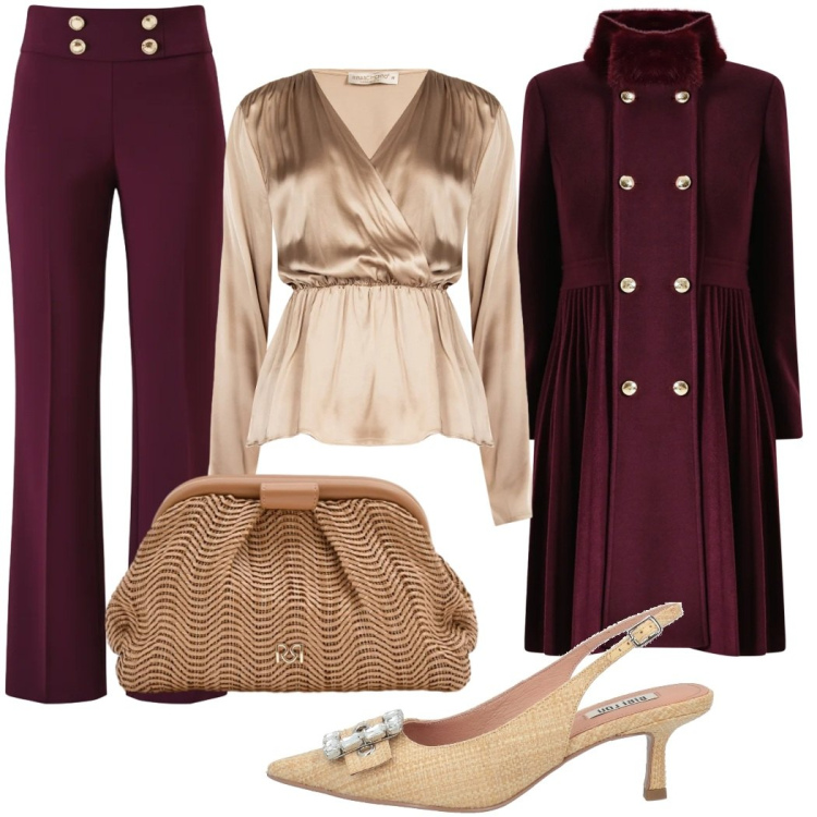 Outfit donna - Cena raffinata. Stile Chic per Serata fuori. Abbinamento con décolleté, bluse, pochette, pantaloni, cappotti.