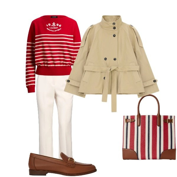 Outfit donna - In riga. Stile Casual chic per Tutti i giorni. Abbinamento con pantaloni, trench, mocassini, borse tote, maglieria.