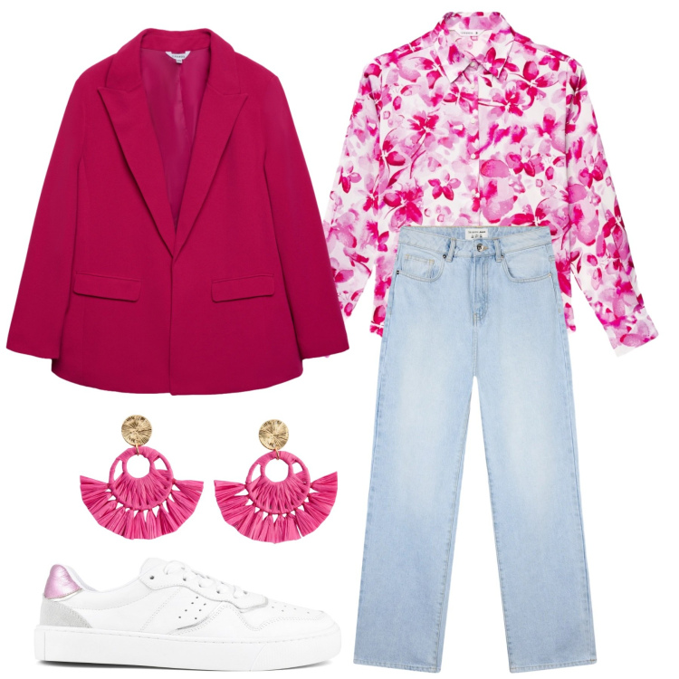 Outfit donna - Torna l\'allegria. Stile Bon Ton per Tutti i giorni. Abbinamento con orecchini, camicie, blazer, jeans dritti, sneakers.