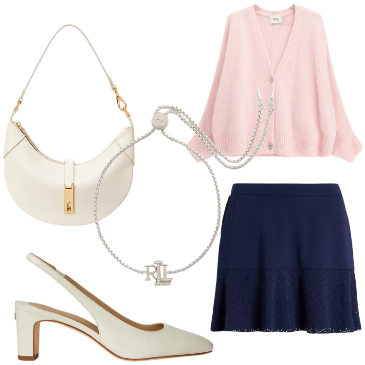 Outfit donna - Dolce Febbraio. Stile Romantica per Tutti i giorni. Abbinamento con cardigans, borse a spalla, braccialetti, minigonne, décolleté.