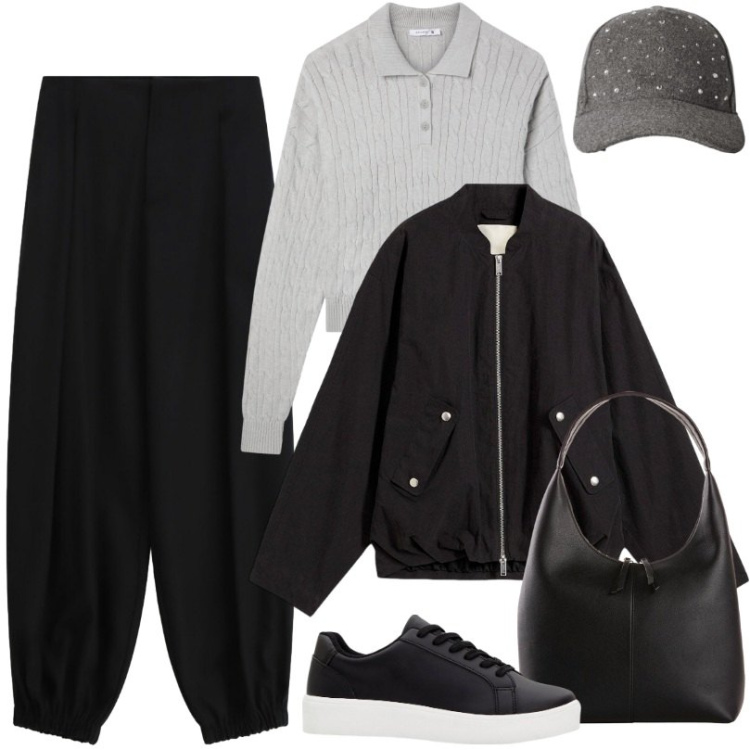Outfit donna - Il pantalone in stile urban. Stile Trendy per Tutti i giorni. Abbinamento con sneakers, bomber, shopping bag, pantaloni a palazzo, t-shirt, cappelli con visiera.