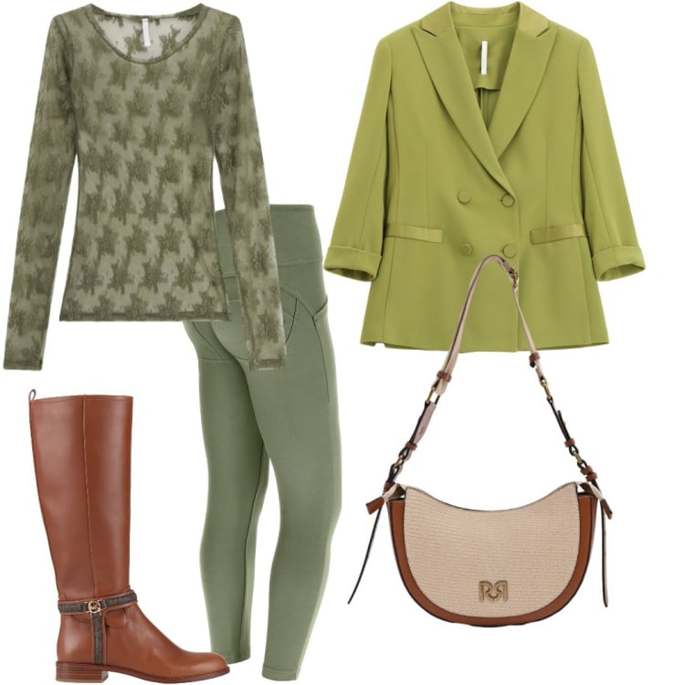 Outfit donna - Oggi in verde. Stile Glamour per Tutti i giorni. Abbinamento con stivali, borse a tracolla, bluse, blazer, pantaloni skinny.