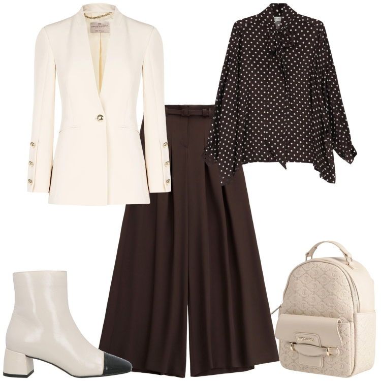 Outfit donna - Chic ufficio week end. Stile Chic per Tutti i giorni. Abbinamento con stivaletti, zaini, pantaloni a palazzo, camicie, blazer.