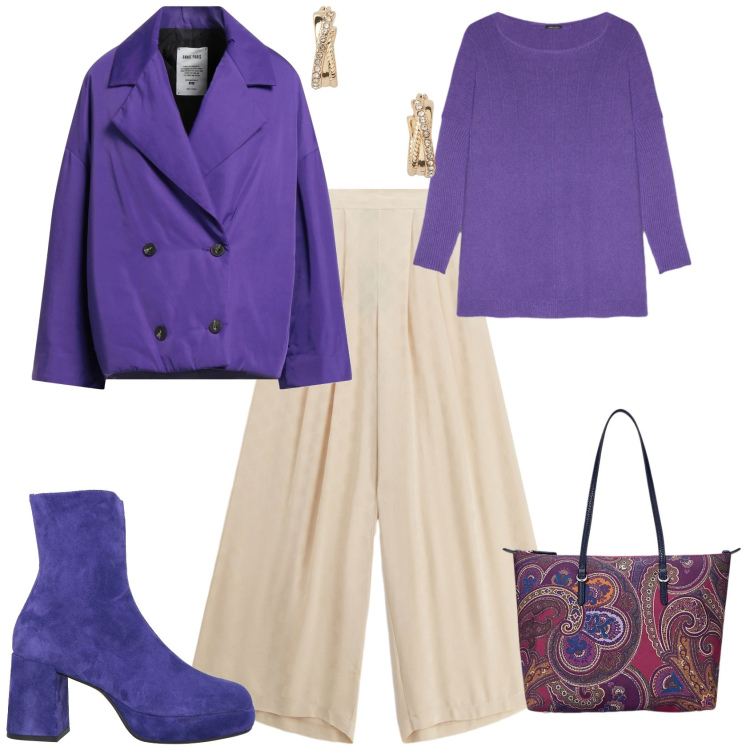 Outfit donna - Casual chic ufficio tempo libero. Stile Casual chic per Tutti i giorni. Abbinamento con stivaletti, caban, maglieria, pantaloni a palazzo, orecchini, borse tote.