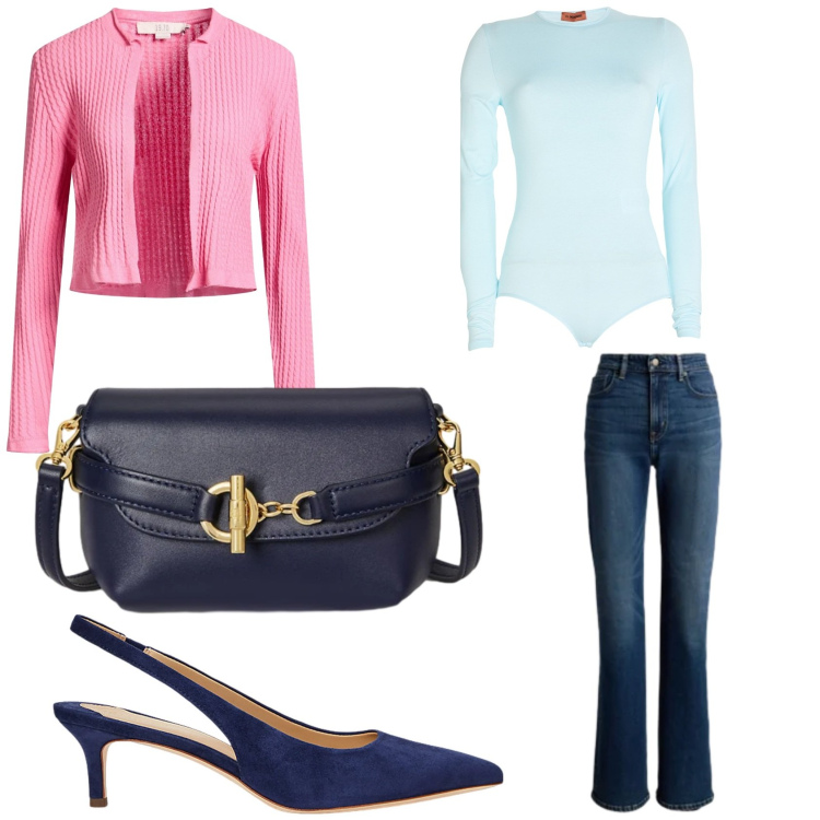 Outfit donna - Jeans in ufficio. Stile Casual chic per Tutti i giorni. Abbinamento con cardigans, body, décolleté, borse a tracolla, jeans.