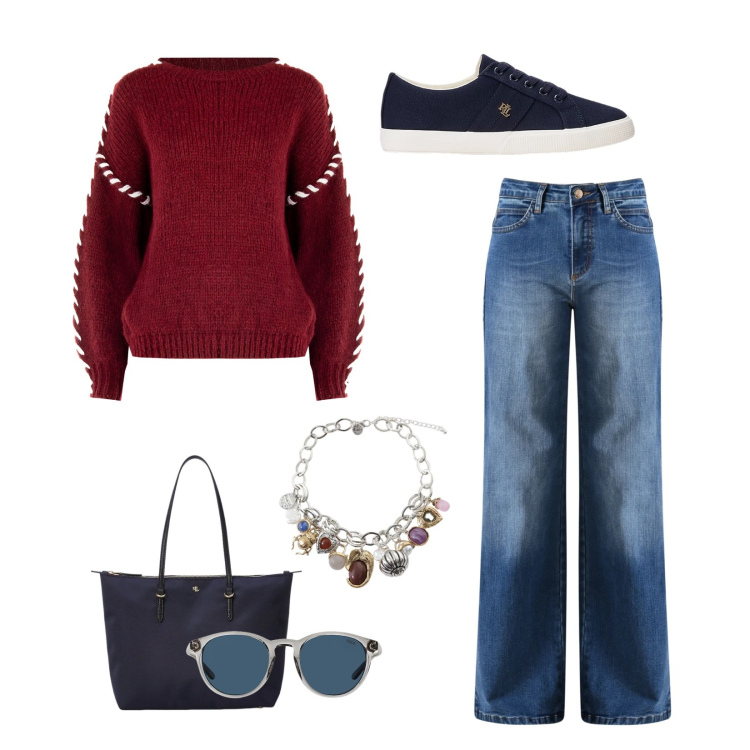 Outfit donna - Navy chic. Stile Casual chic per Tutti i giorni. Abbinamento con braccialetti con ciondoli, jeans, maglieria, occhiali da sole, borse tote, sneakers.