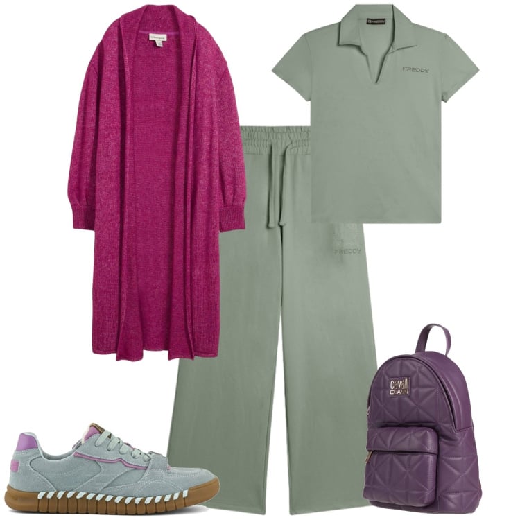 Outfit donna - Sporty chic ogni giorno. Stile Sporty chic per Tutti i giorni. Abbinamento con cardigans, zaini, pantaloni, t-shirt, sneakers.