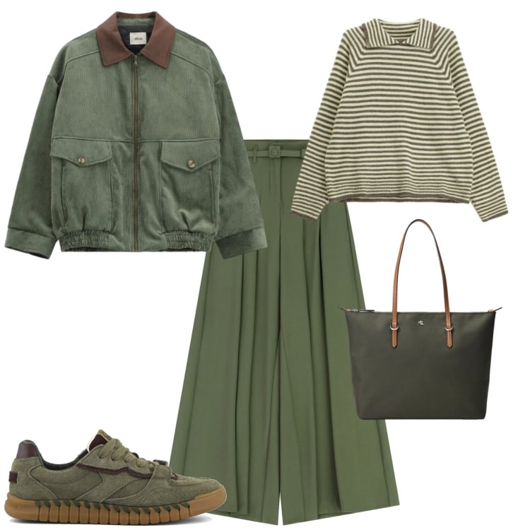 Outfit donna - Casual chic ufficio tempo libero. Stile Casual chic per Tutti i giorni. Abbinamento con pantaloni a palazzo, maglieria, bomber, borse tote, sneakers.