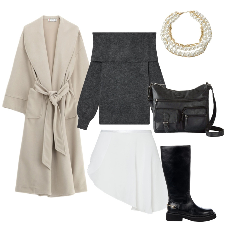 Outfit donna - Comodo. Stile Casual chic per Ufficio. Abbinamento con borse a tracolla, maglieria, collane, minigonne, cappotti, stivali sopra il ginocchio.