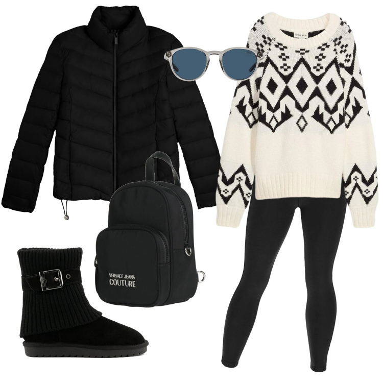 Outfit donna - Confort con stile. Stile Sporty chic per Sport. Abbinamento con zaini, maglieria, pantaloni skinny, piumini, occhiali da sole, stivaletti.