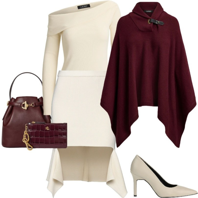 Outfit donna - Top asimmetrico a spalle scoperte. Stile Chic per Tutti i giorni. Abbinamento con minigonne, décolleté, cappotti, portafogli, top, borse a secchiello.
