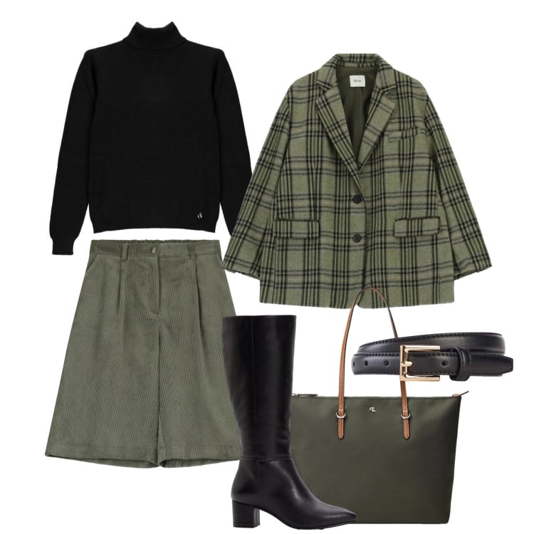 Outfit donna - Bermuda in città. Stile Urban per Tutti i giorni. Abbinamento con cinture, stivali, bermuda, maglieria, blazer, borse tote.