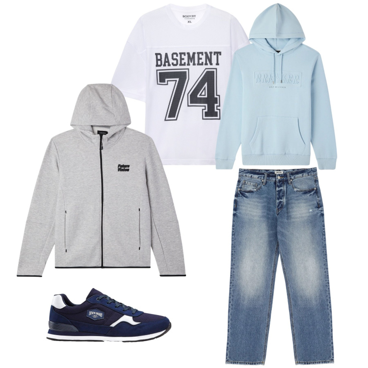 Outfit uomo - Blue Sky Layering. Stile Urban per Tutti i giorni. Abbinamento con sneakers, jeans, felpe con cappuccio, felpe sportive, t-shirt sportive.